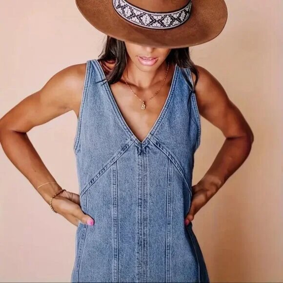 V-Neck Side Zip Denim Dress - Picture 1 of 6